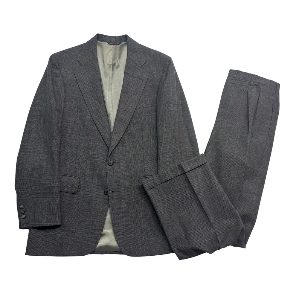 vtg 90s Joseph Feiss 38S 32x29 Gray Plaid 2pc Pant Suit Pleated Wide Leg USA